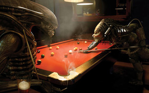 Alien and Predator Playing Billiards