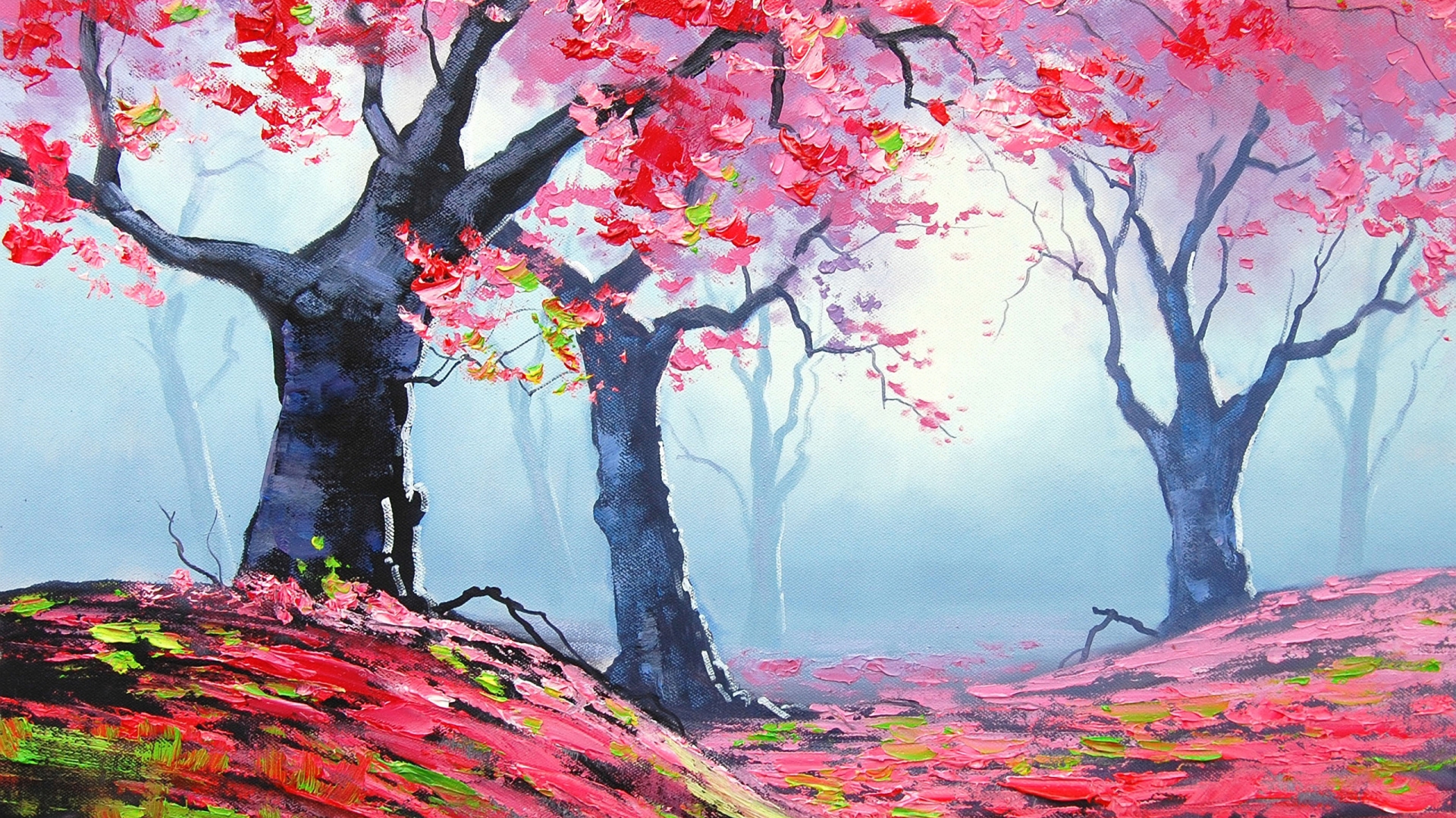 Autumn Red Forest Painting for 1920 x 1080 HDTV 1080p resolution