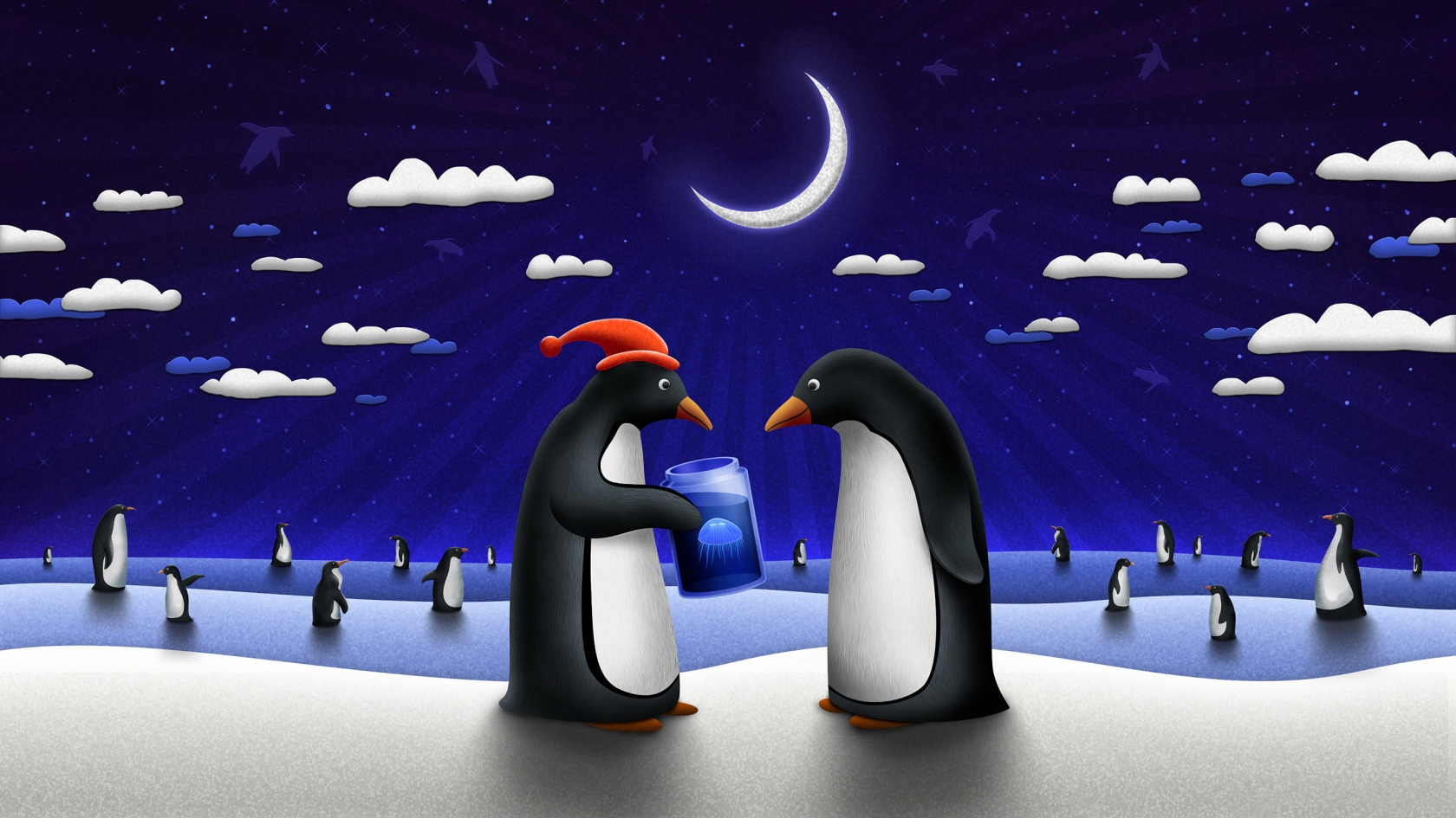 Happy Penguins in the Night for 1680 x 945 HDTV resolution