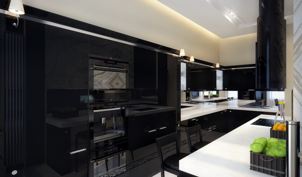 Modern Black and White Kitchen for 1024 x 600 widescreen resolution