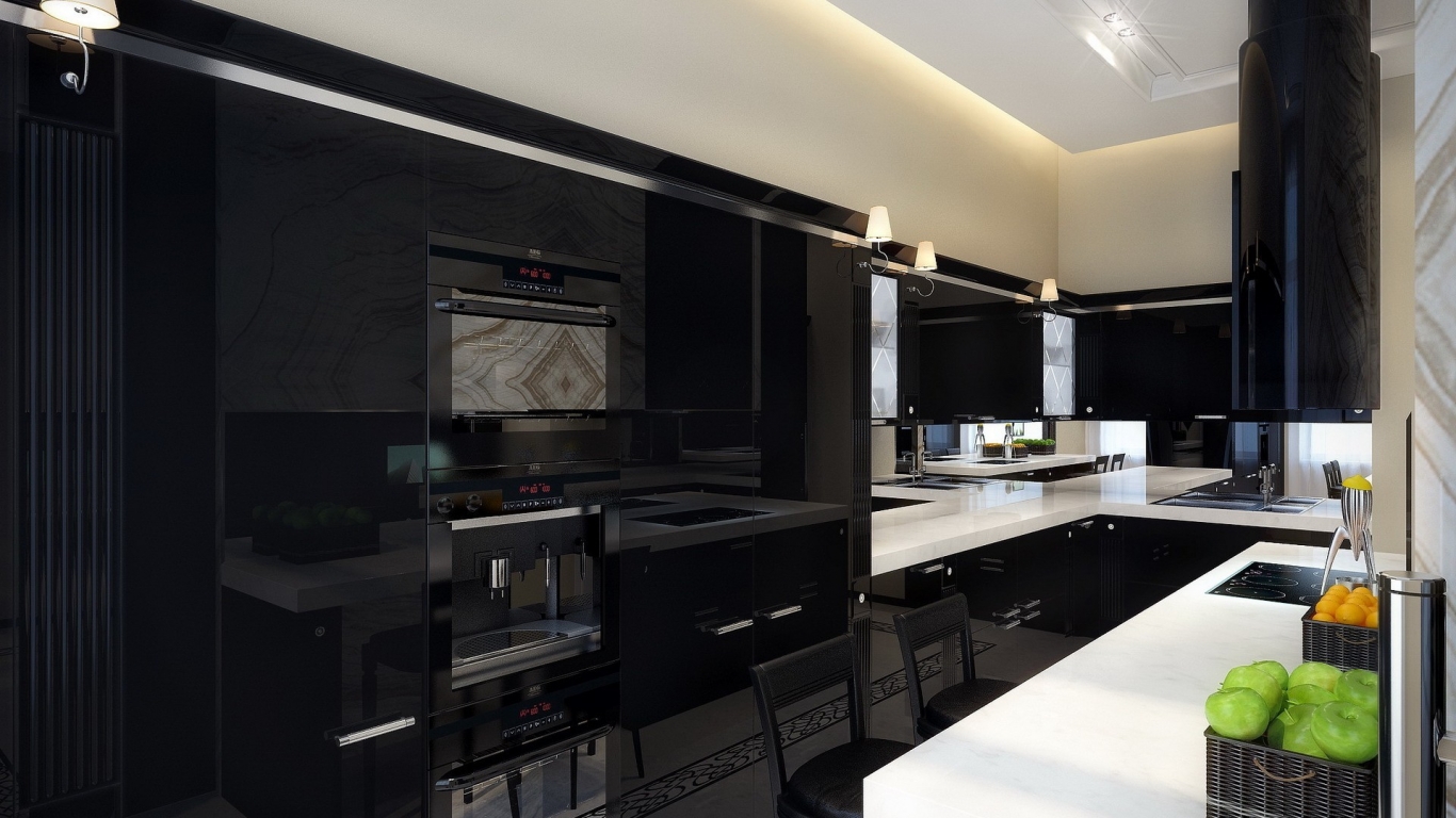 Modern Black and White Kitchen for 1366 x 768 HDTV resolution