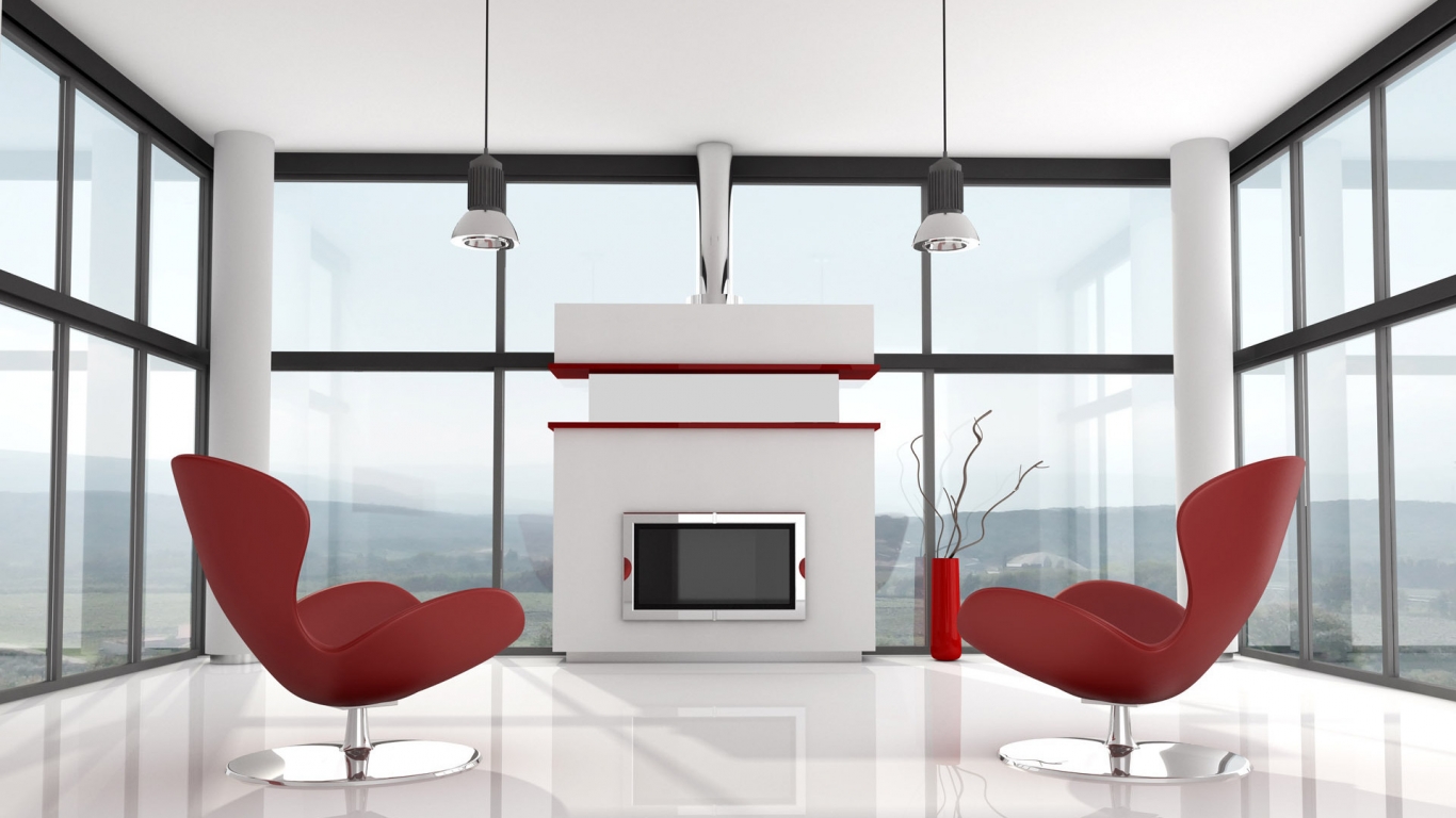 Modern White and Red Interior for 1366 x 768 HDTV resolution