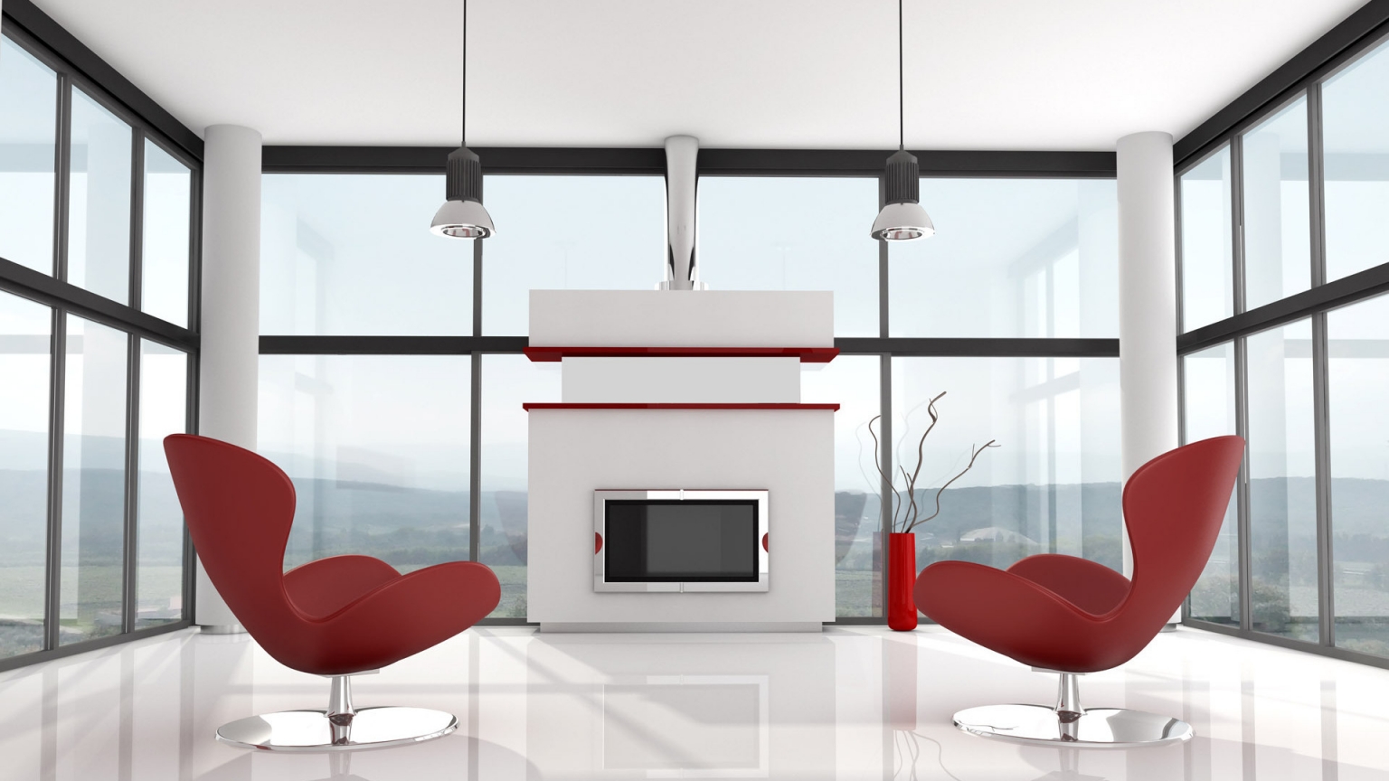 Modern White and Red Interior for 1536 x 864 HDTV resolution