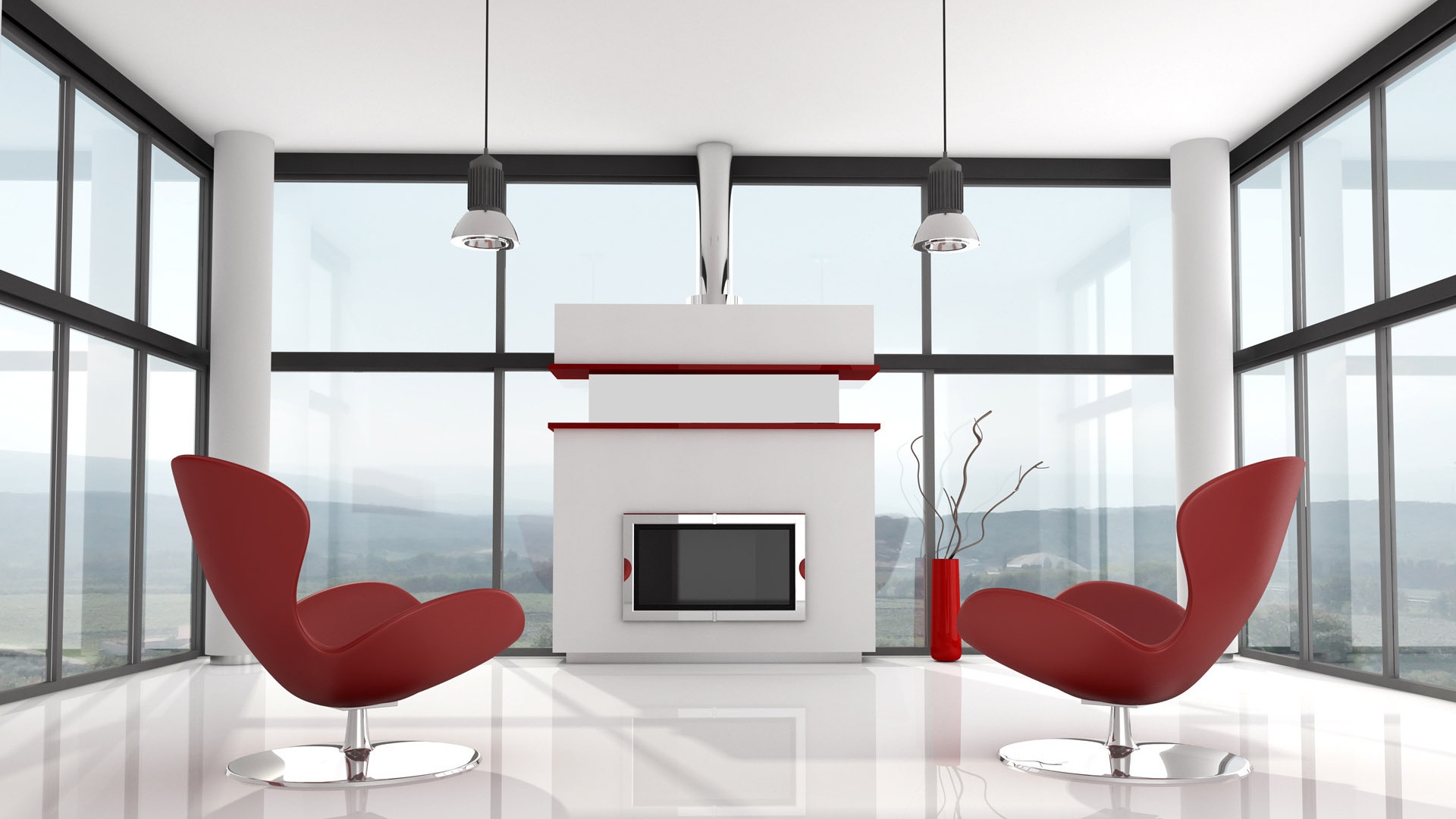 Modern White and Red Interior for 1920 x 1080 HDTV 1080p resolution