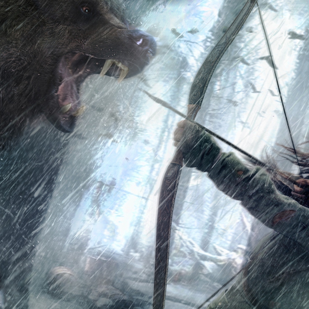 Rise of the Tomb Raider Lara Croft Fighting Bear Art for 1024 x 1024 iPad resolution
