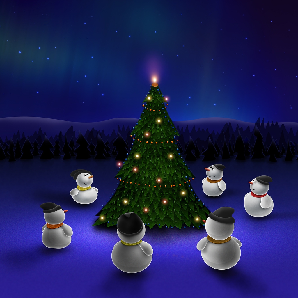 Snowman Around Christmas Tree for 1024 x 1024 iPad resolution