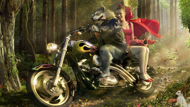 Wolf Biker and Little Red Riding Hood wallpaper