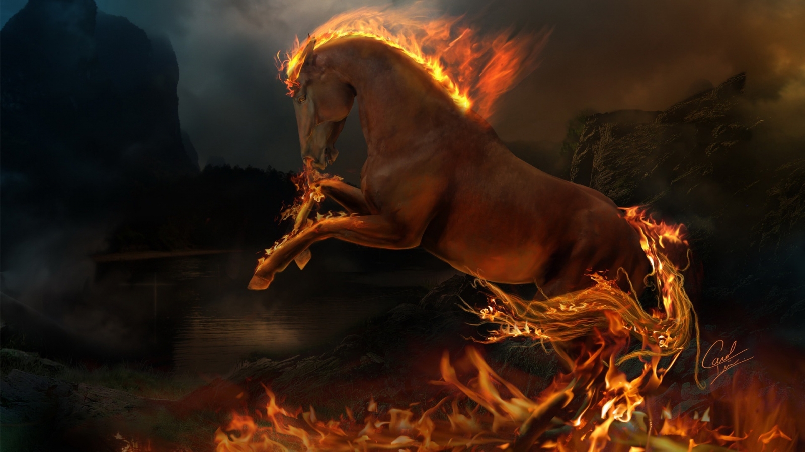 3D burning horse for 1600 x 900 HDTV resolution