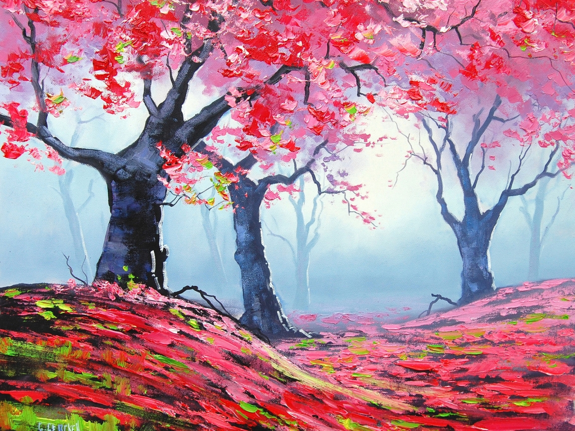 Autumn Red Forest Painting for 1152 x 864 resolution