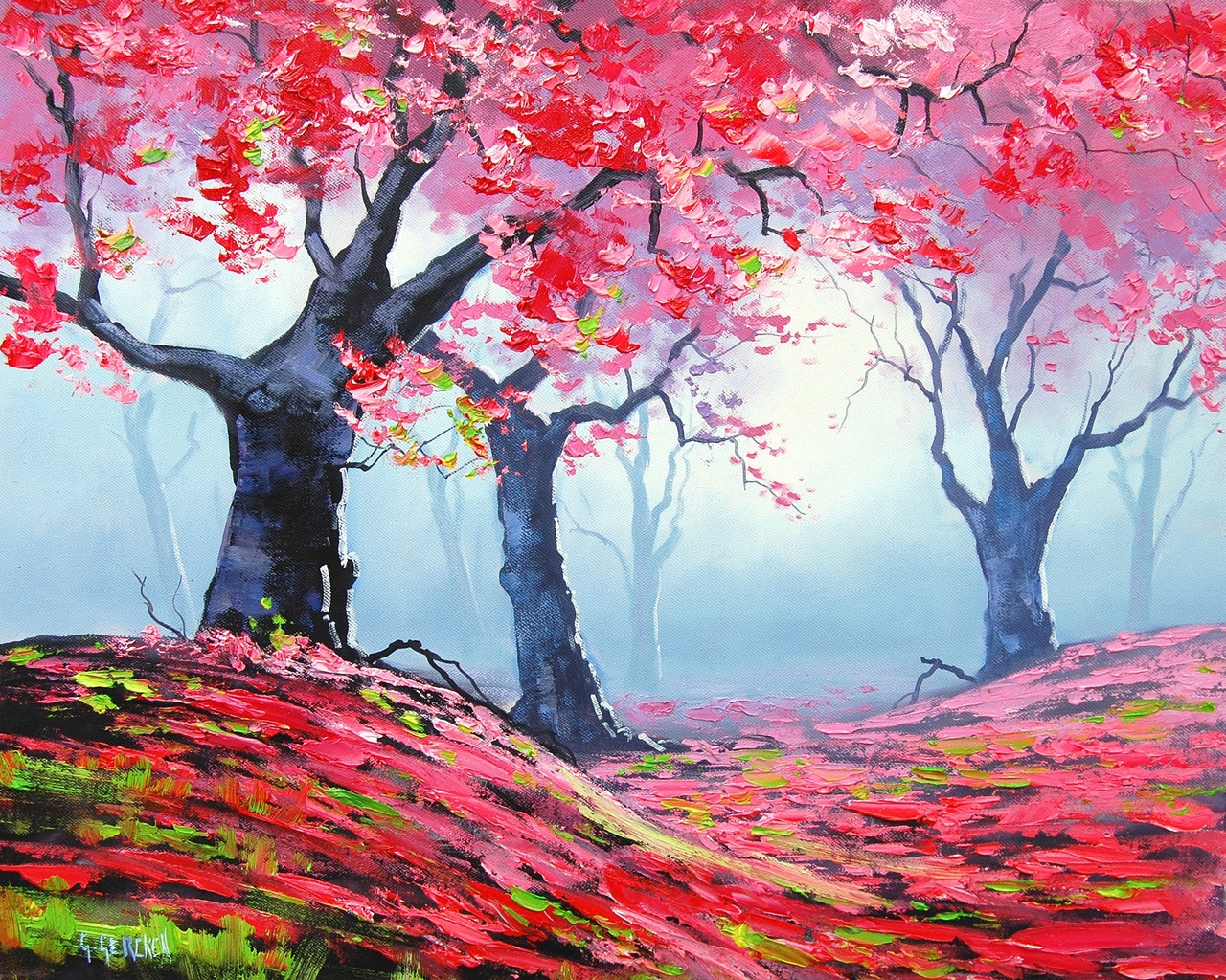 Autumn Red Forest Painting for 1280 x 1024 resolution