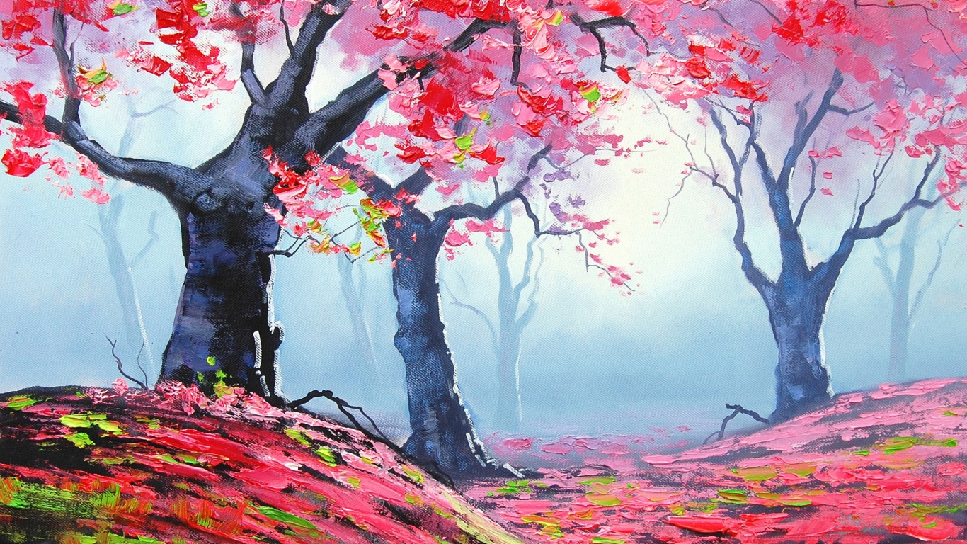 Autumn Red Forest Painting for 1366 x 768 HDTV resolution