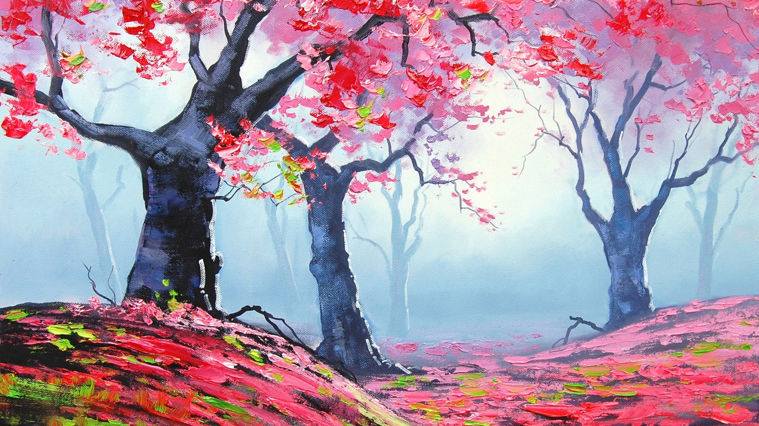 Autumn Red Forest Painting for 1536 x 864 HDTV resolution