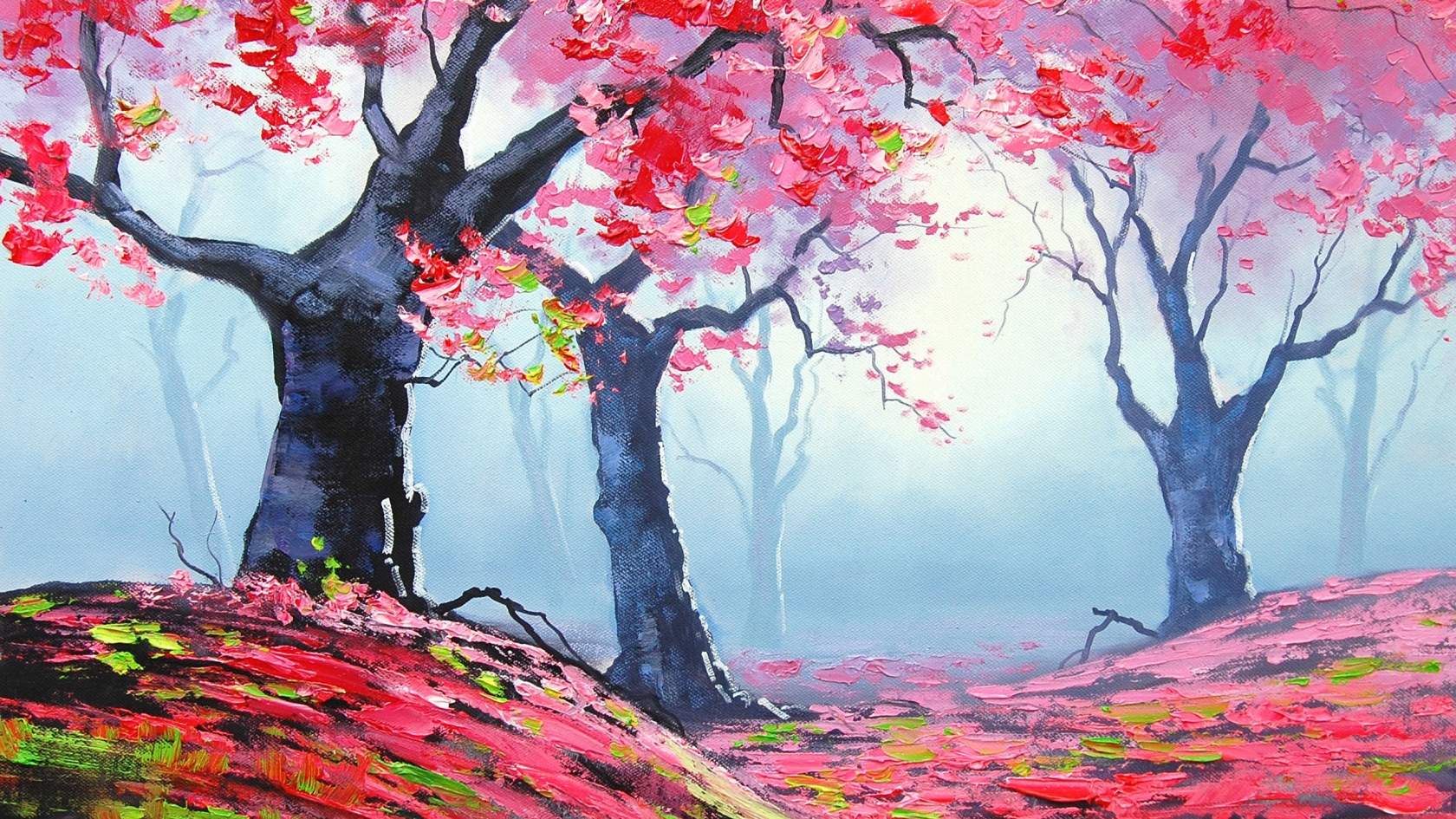 Autumn Red Forest Painting for 1680 x 945 HDTV resolution