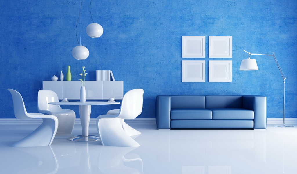 Blue and White Living Room for 1024 x 600 widescreen resolution