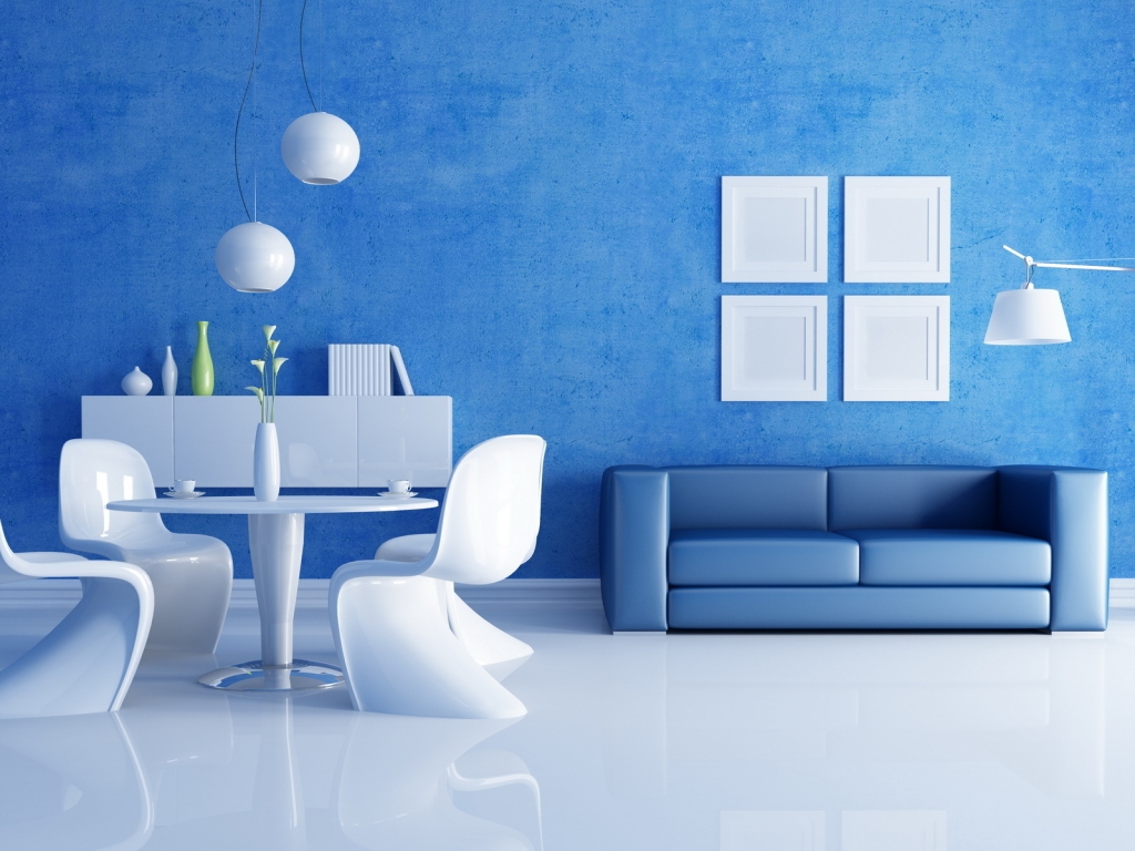 Blue and White Living Room for 1024 x 768 resolution