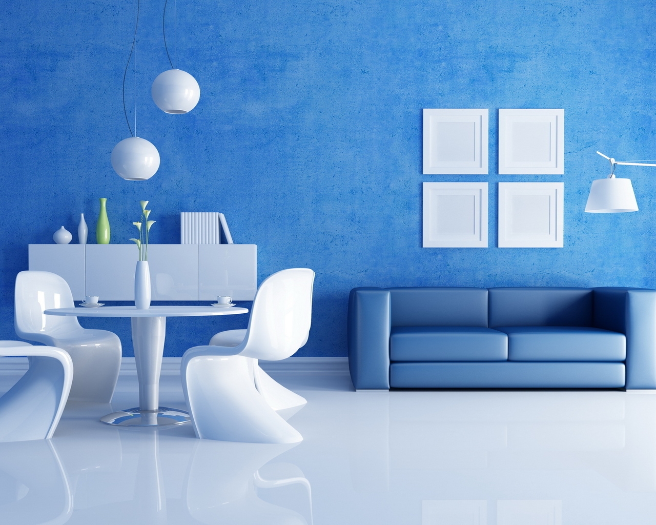 Blue and White Living Room for 1280 x 1024 resolution