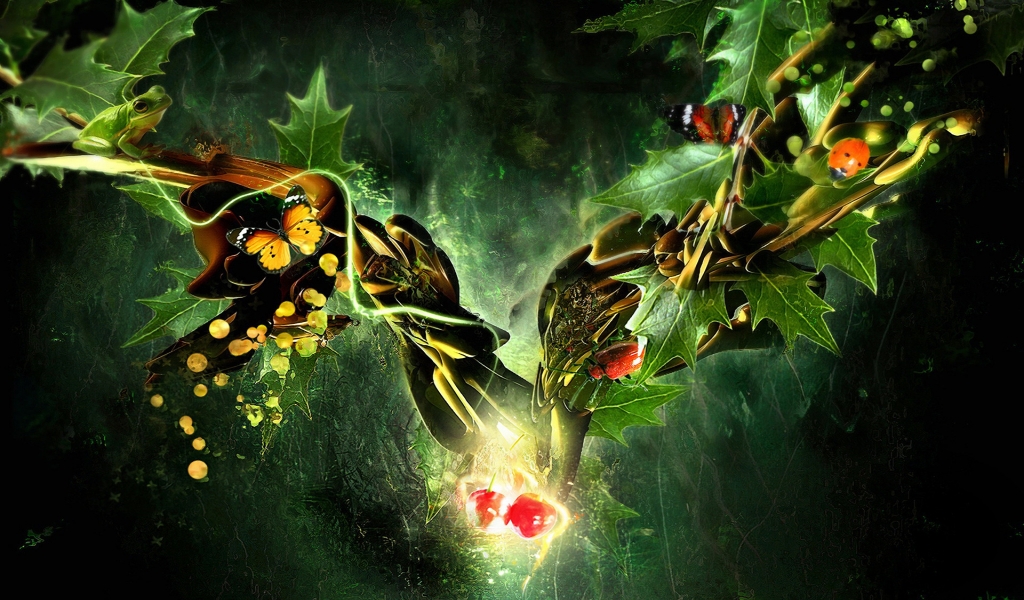 Butterfly, Ladybug, Frog in a Fantasy World for 1024 x 600 widescreen resolution