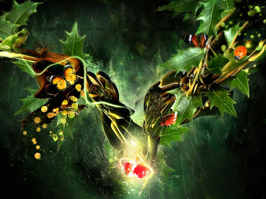 Butterfly, Ladybug, Frog in a Fantasy World for 1024 x 768 resolution