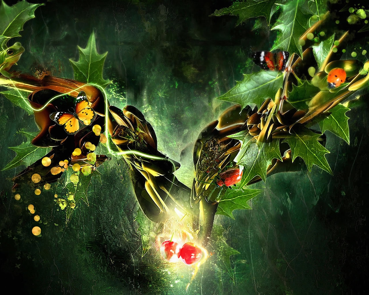 Butterfly, Ladybug, Frog in a Fantasy World for 1280 x 1024 resolution