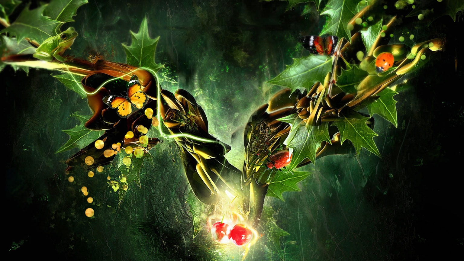 Butterfly, Ladybug, Frog in a Fantasy World for 1536 x 864 HDTV resolution