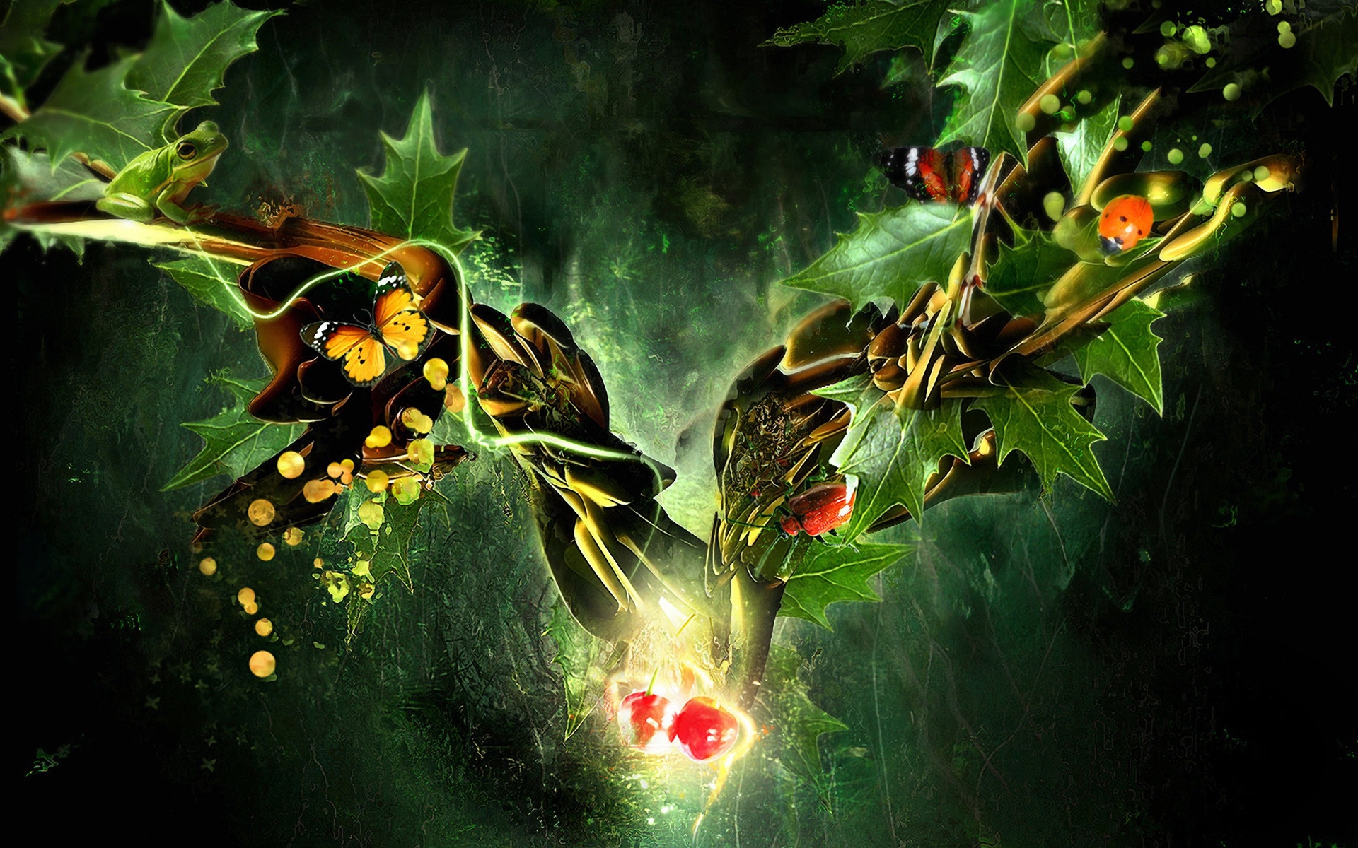 Butterfly, Ladybug, Frog in a Fantasy World for 1920 x 1200 widescreen resolution
