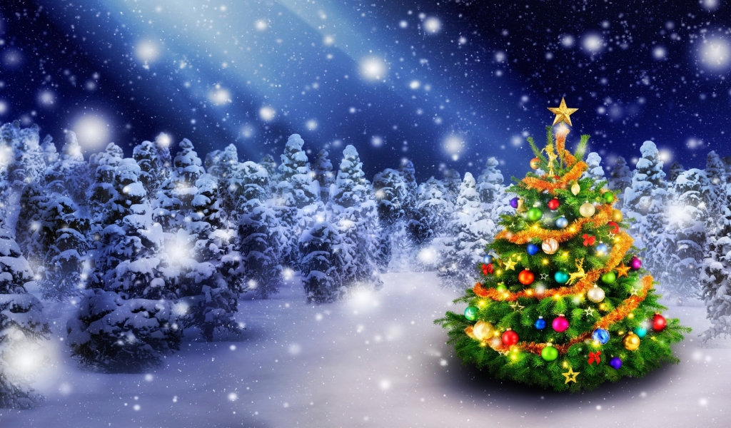Christmas Tree in Snow for 1024 x 600 widescreen resolution