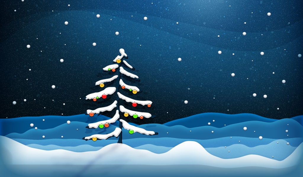 Christmas Tree With Snow and Lights for 1024 x 600 widescreen resolution