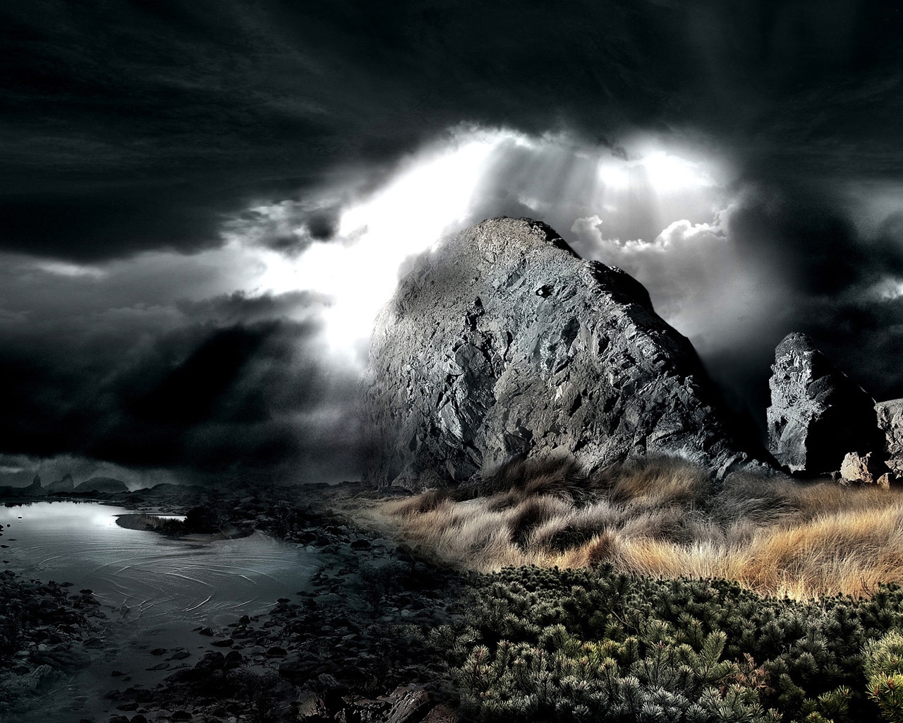 Dark Rocks Water for 1280 x 1024 resolution