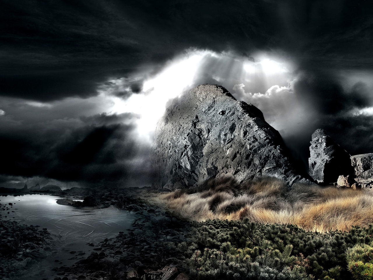 Dark Rocks Water for 1280 x 960 resolution