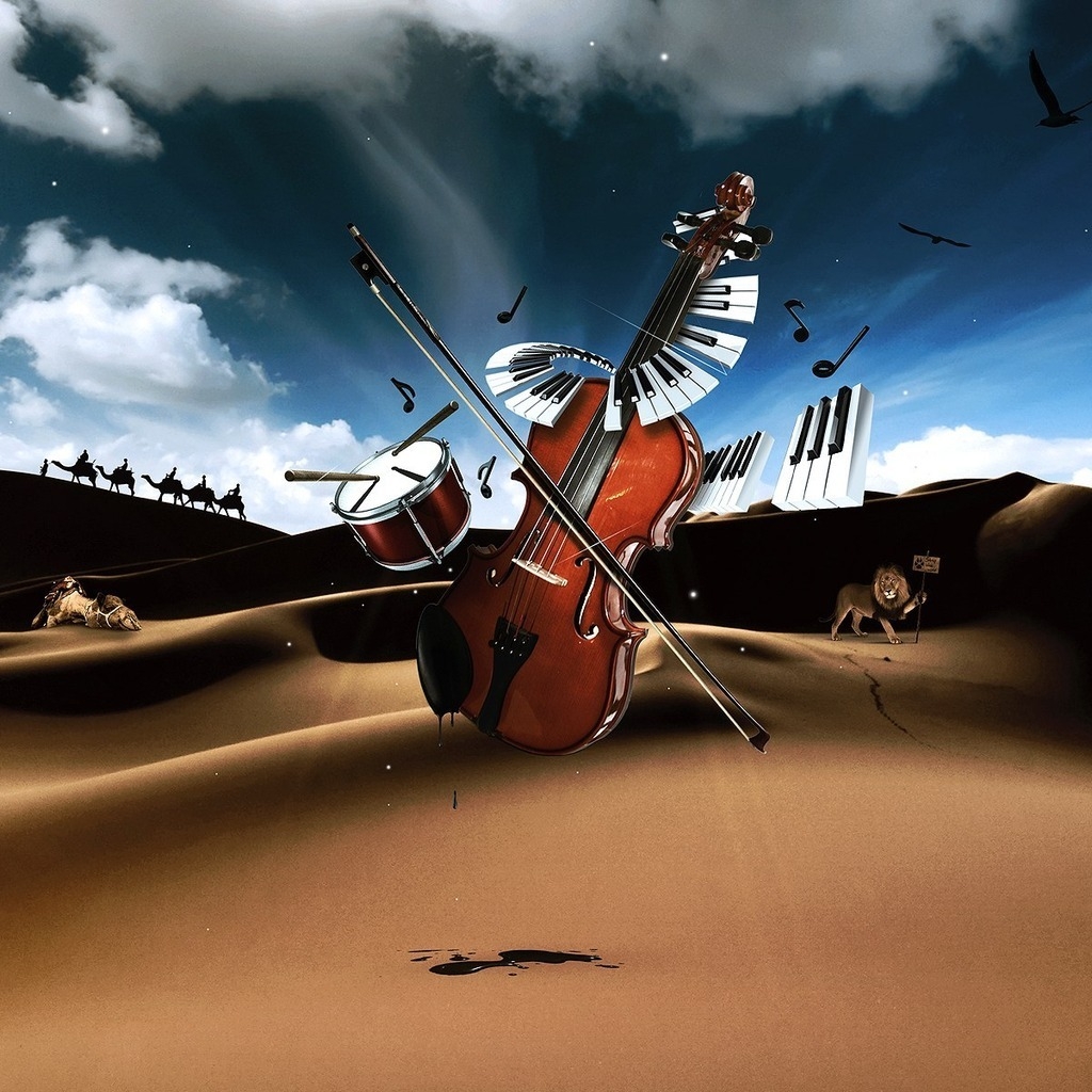 Drum, Violin, Piano in Desert for 1024 x 1024 iPad resolution