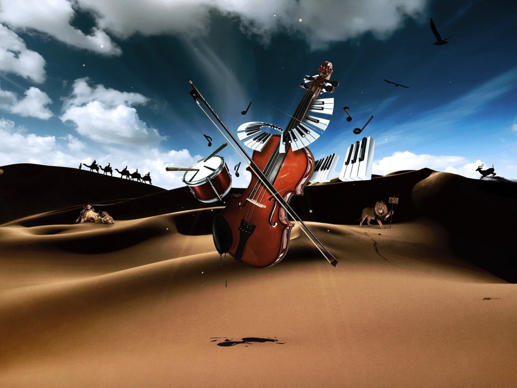 Drum, Violin, Piano in Desert for 1024 x 768 resolution