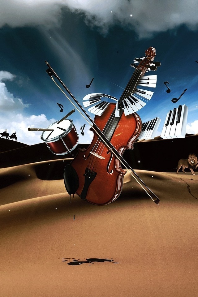 Drum, Violin, Piano in Desert for 640 x 960 iPhone 4 resolution
