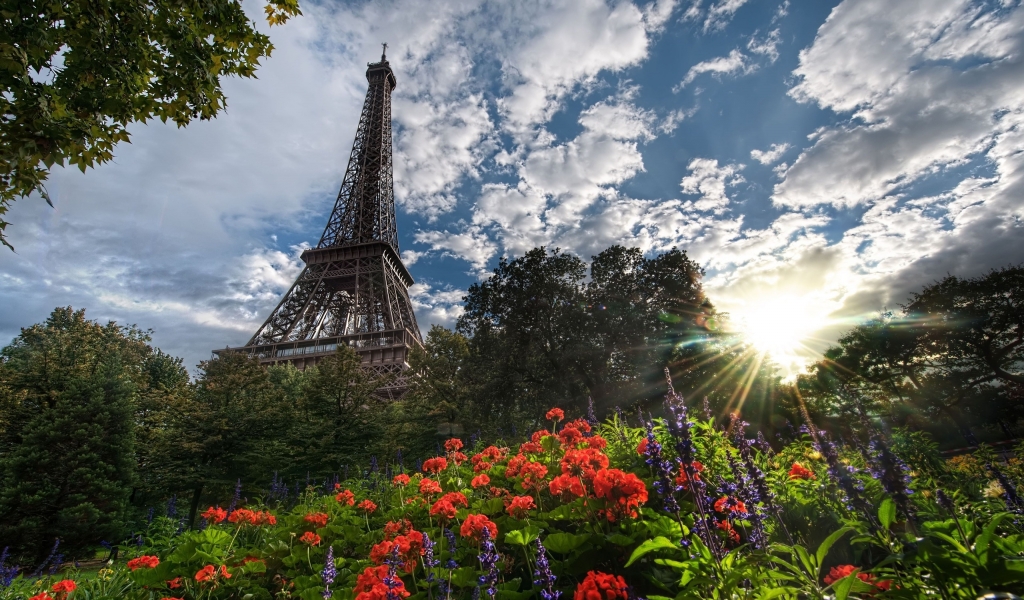 Eiffel Tower Surrounded by Flowers for 1024 x 600 widescreen resolution