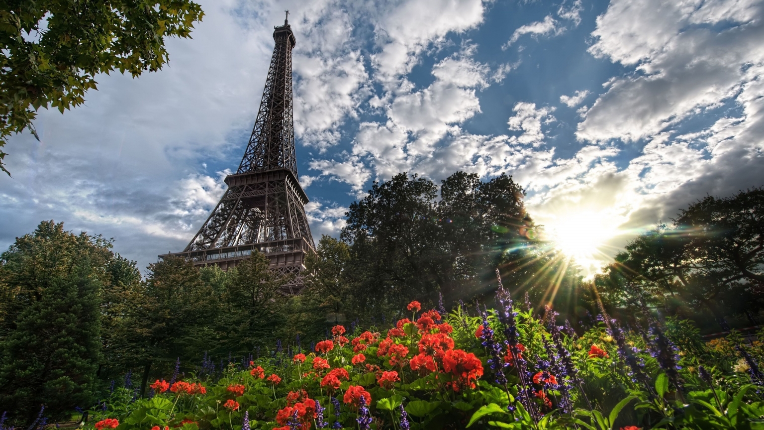 Eiffel Tower Surrounded by Flowers for 1536 x 864 HDTV resolution