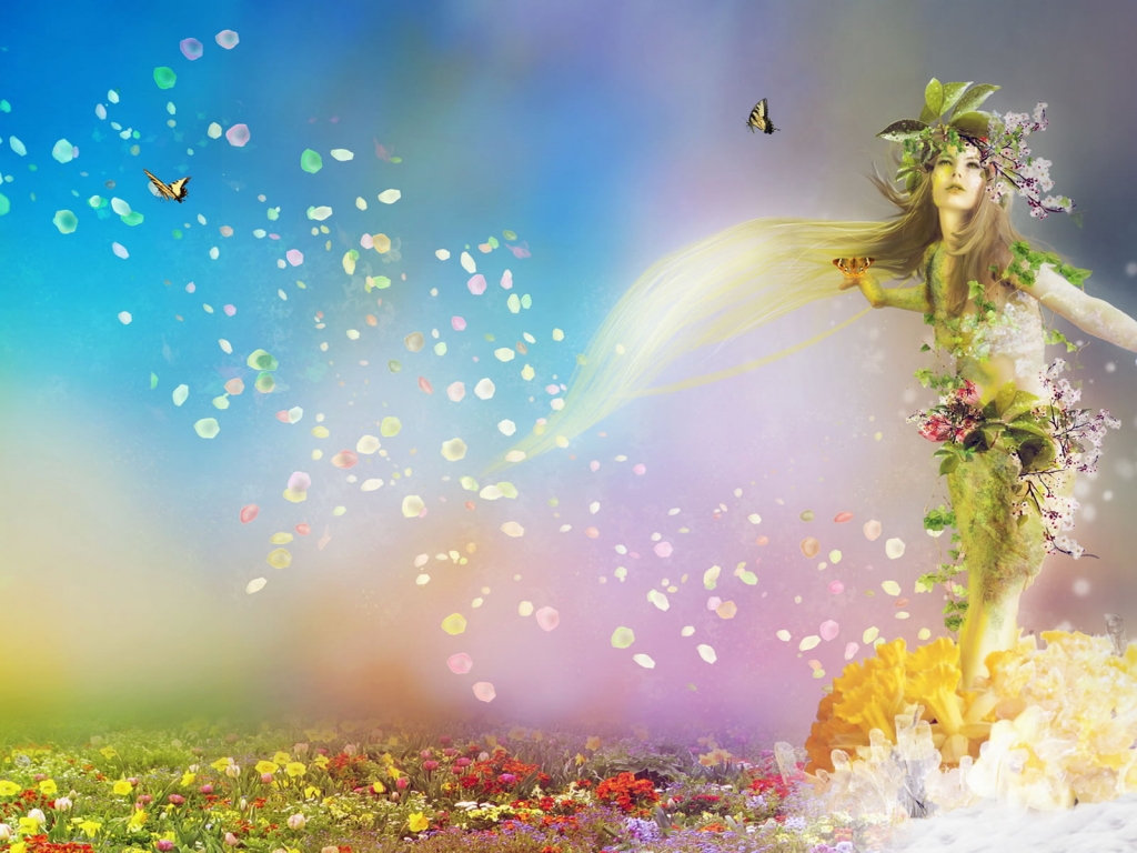 Fantasy Girl with Flowers for 1024 x 768 resolution