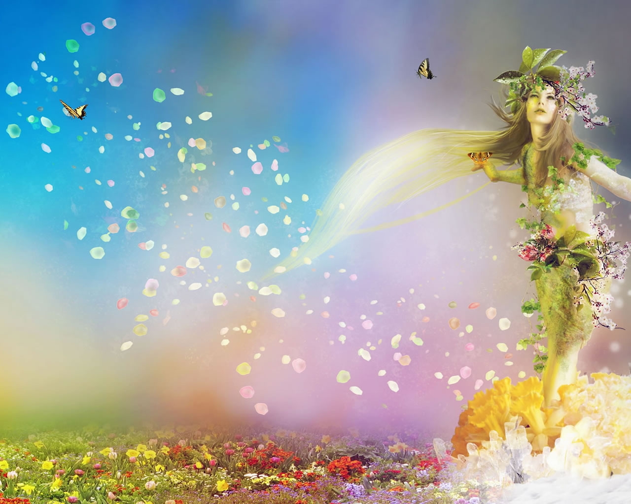 Fantasy Girl with Flowers for 1280 x 1024 resolution