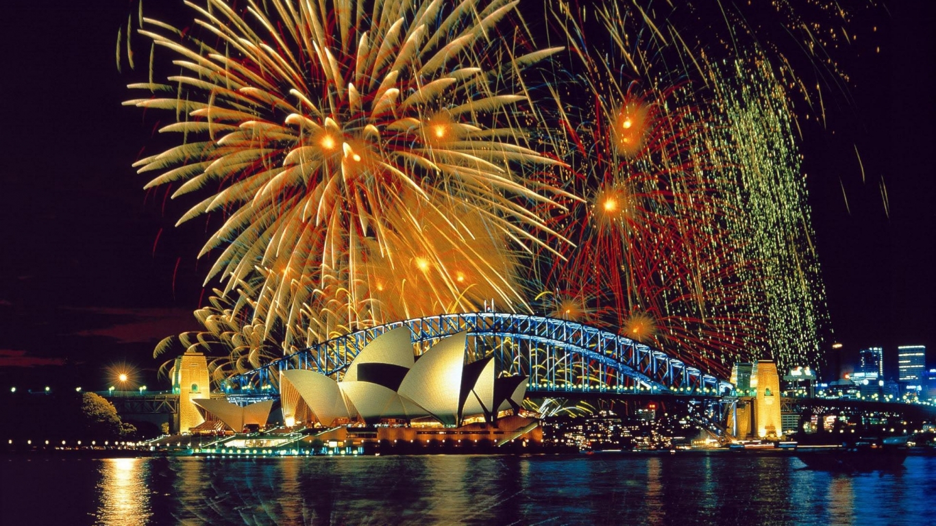 Fireworks Over the Sydney Opera House and Harbor Bridge for 1366 x 768 HDTV resolution
