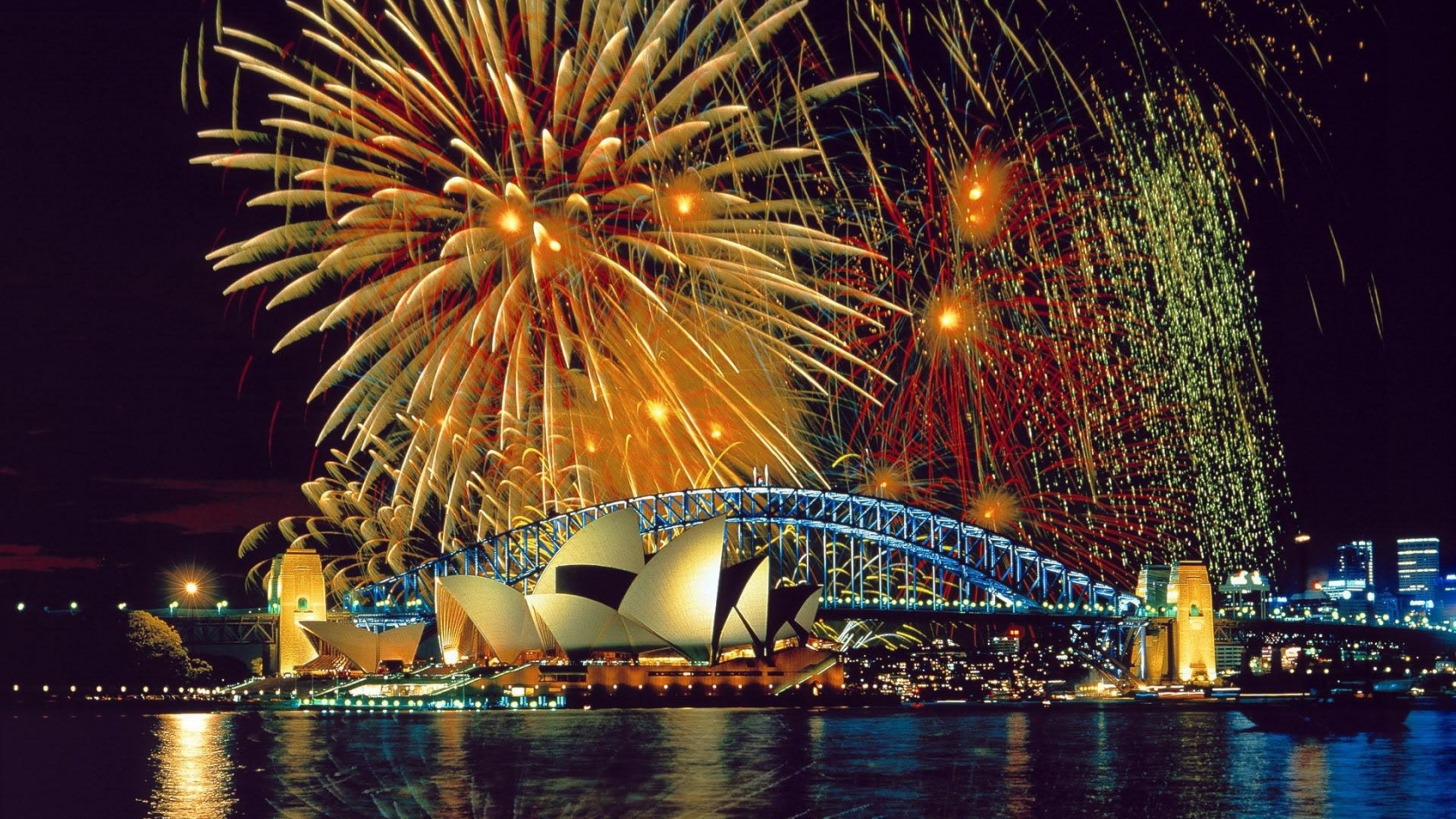 Fireworks Over the Sydney Opera House and Harbor Bridge for 1680 x 945 HDTV resolution