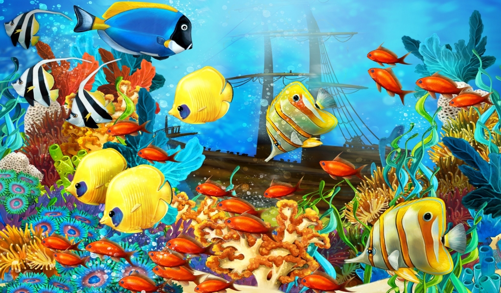 Fish World Painting for 1024 x 600 widescreen resolution
