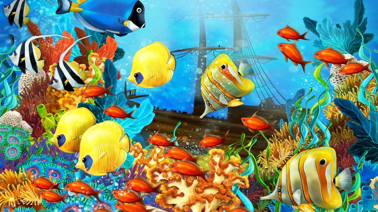 Fish World Painting for 1280 x 720 HDTV 720p resolution