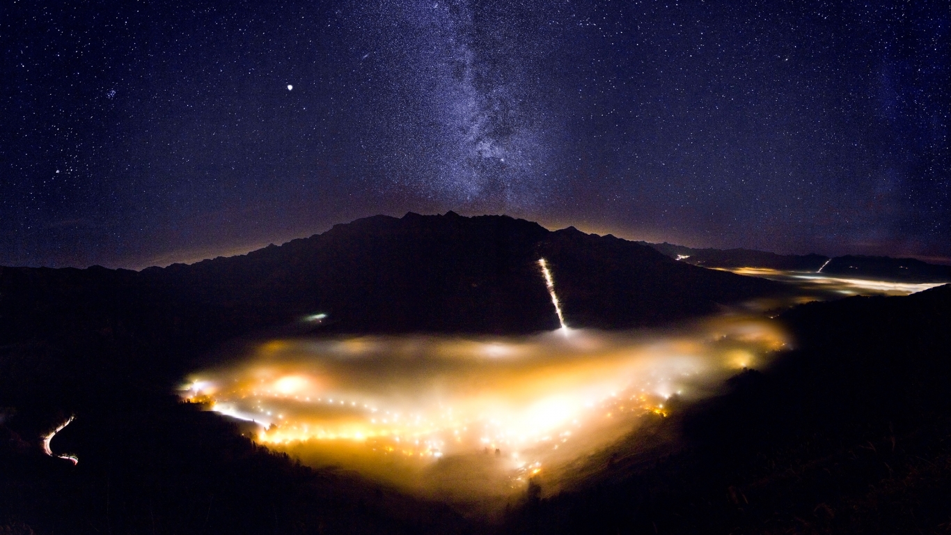 Foggy Valley with Milky Way for 1366 x 768 HDTV resolution