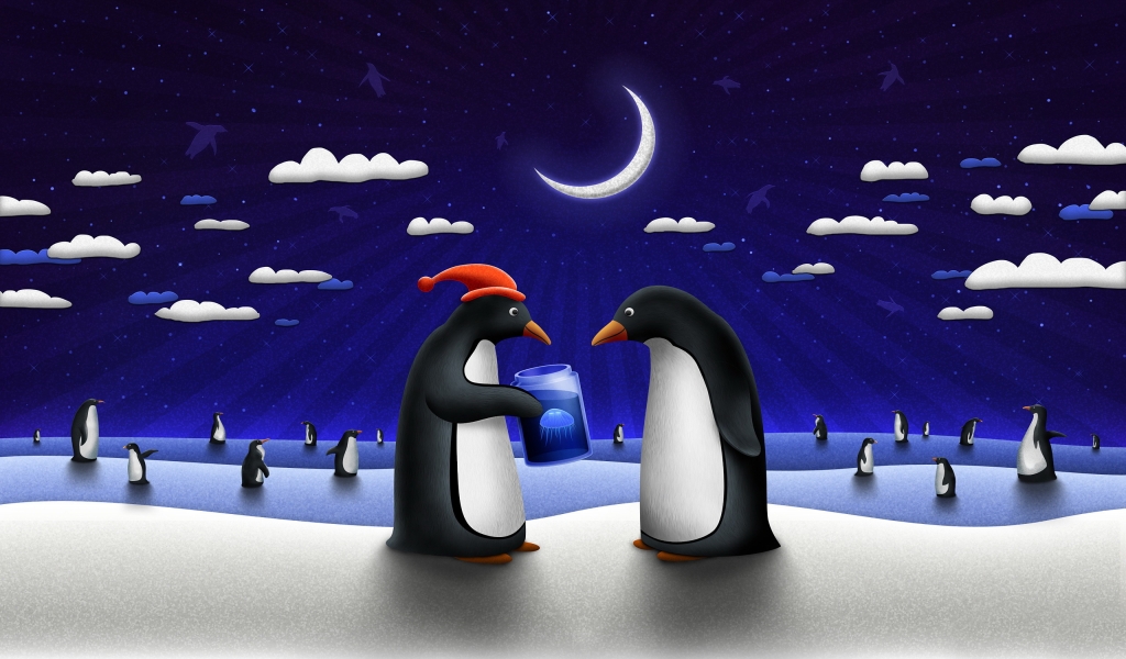 Happy Penguins in the Night for 1024 x 600 widescreen resolution