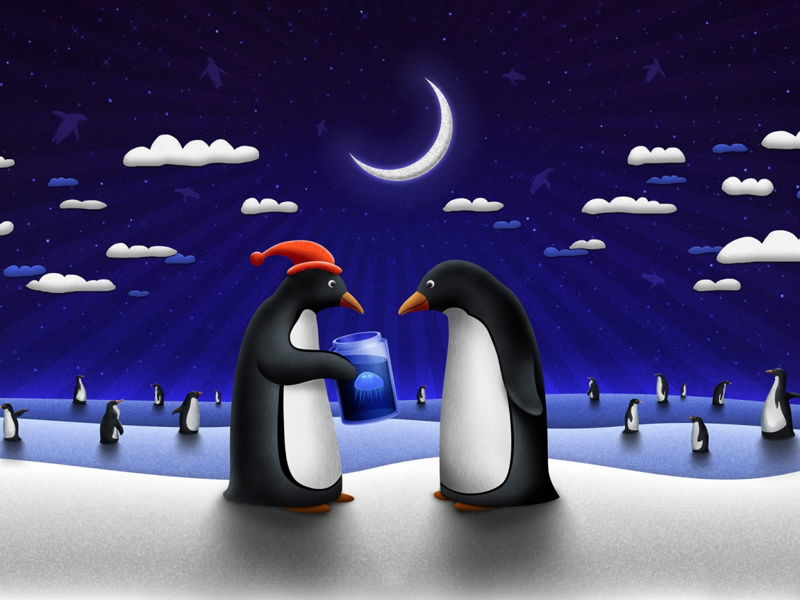 Happy Penguins in the Night for 1152 x 864 resolution