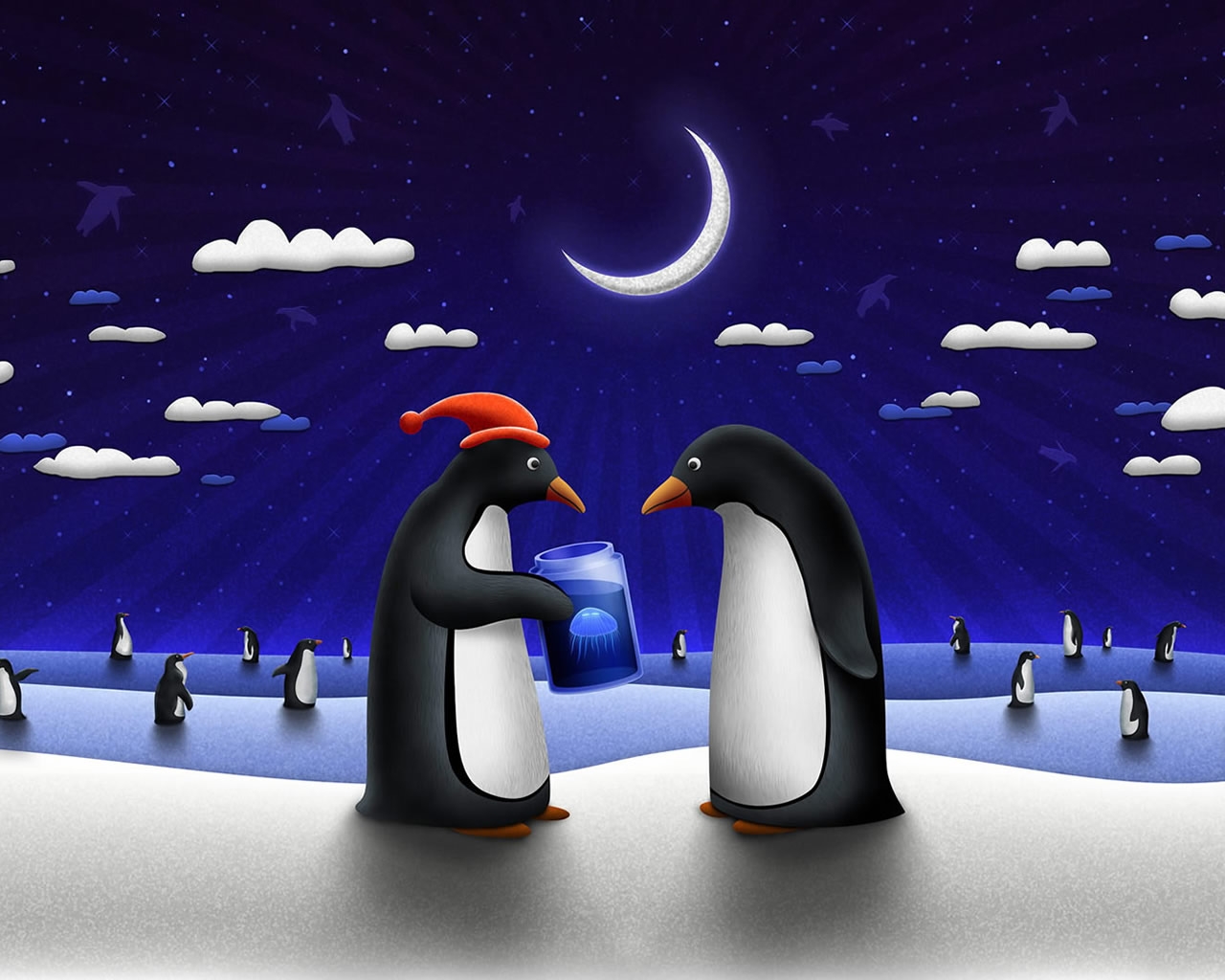 Happy Penguins in the Night for 1280 x 1024 resolution