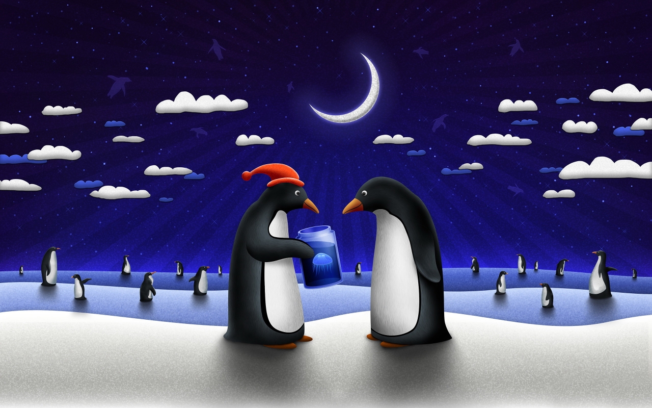 Happy Penguins in the Night for 1280 x 800 widescreen resolution