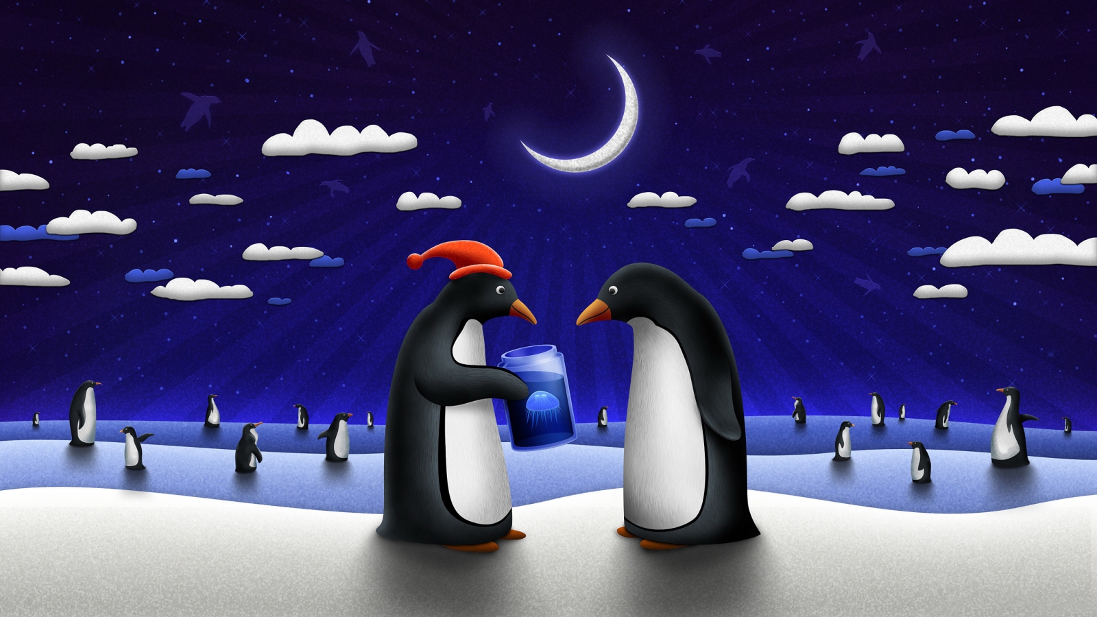 Happy Penguins in the Night for 1600 x 900 HDTV resolution