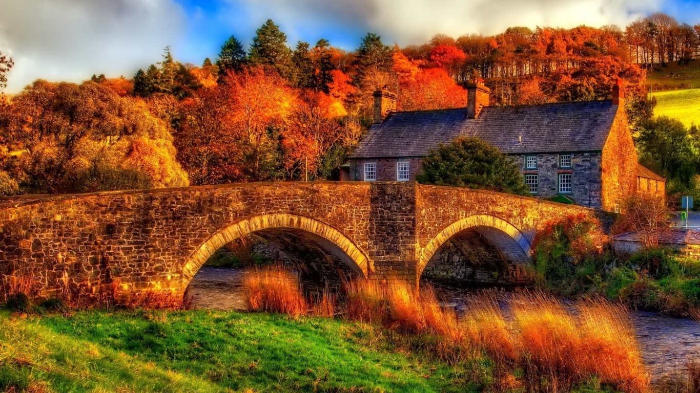 HDR Old Bridge and House for 1366 x 768 HDTV resolution