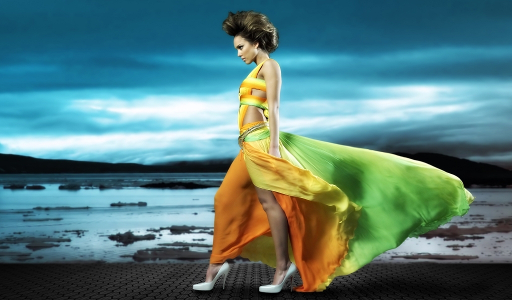 Jessica Alba Raibow Dress for 1024 x 600 widescreen resolution