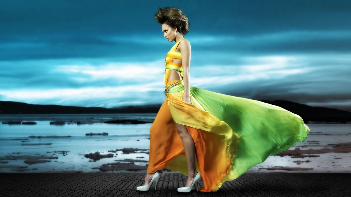 Jessica Alba Raibow Dress for 1366 x 768 HDTV resolution