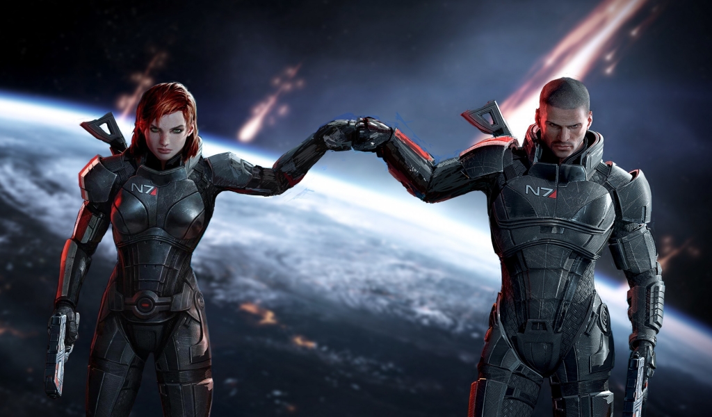 Mass Effect Jane and John Shepard for 1024 x 600 widescreen resolution